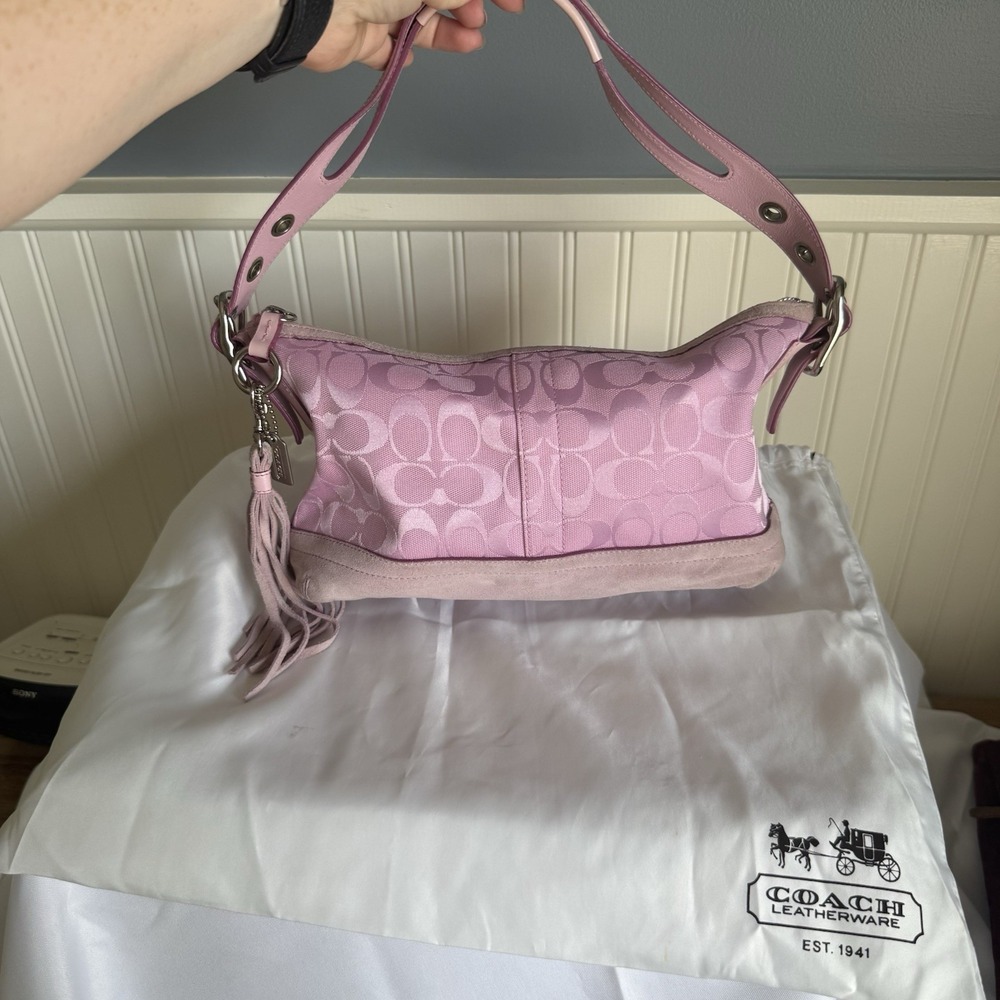 Vintage COACH Signature East West Hobo Shoulder Bag Purse Pink Canvas Y2K